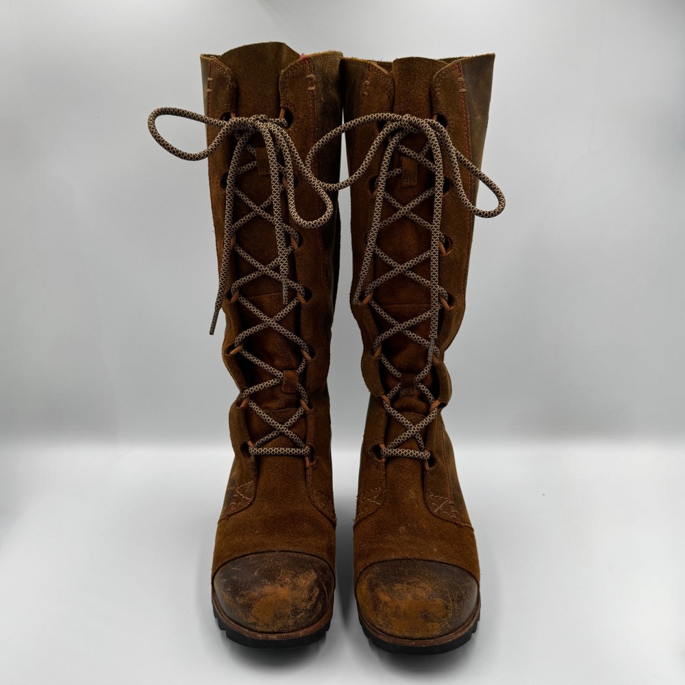 Sorel Cate The Great Leather Tall Wedge Lace-Up Distressed Boots, Women's Sz 6.5